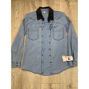 New GB Women's XSmall Button Down Lightweight Cotton‎ Denim Style Faux Leather